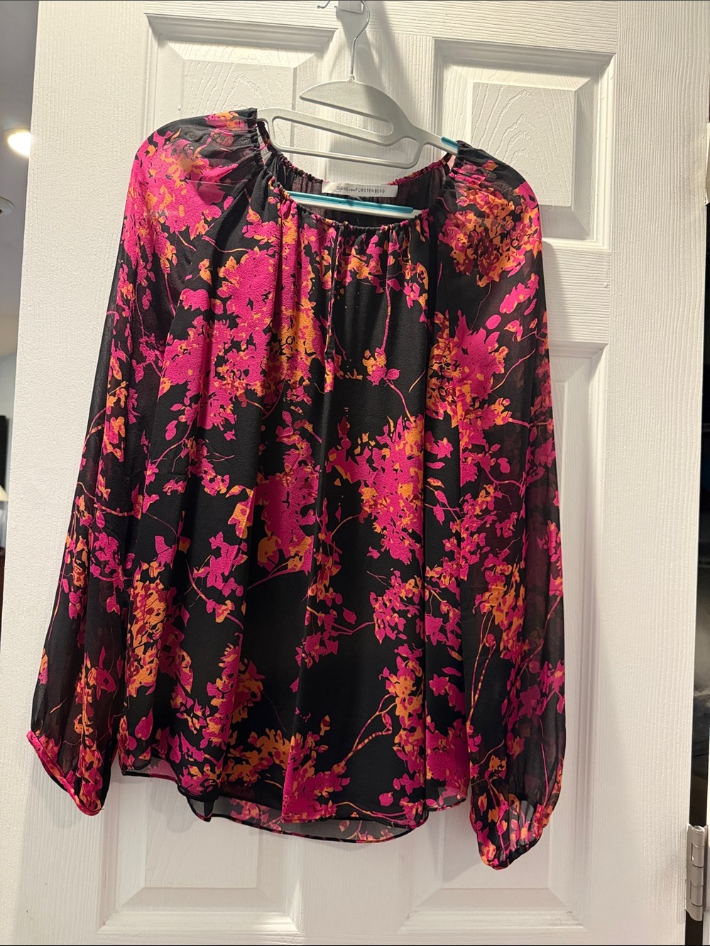 Floral Sheer Long-Sleeve Blouse - Black with Pink & Orange Print
